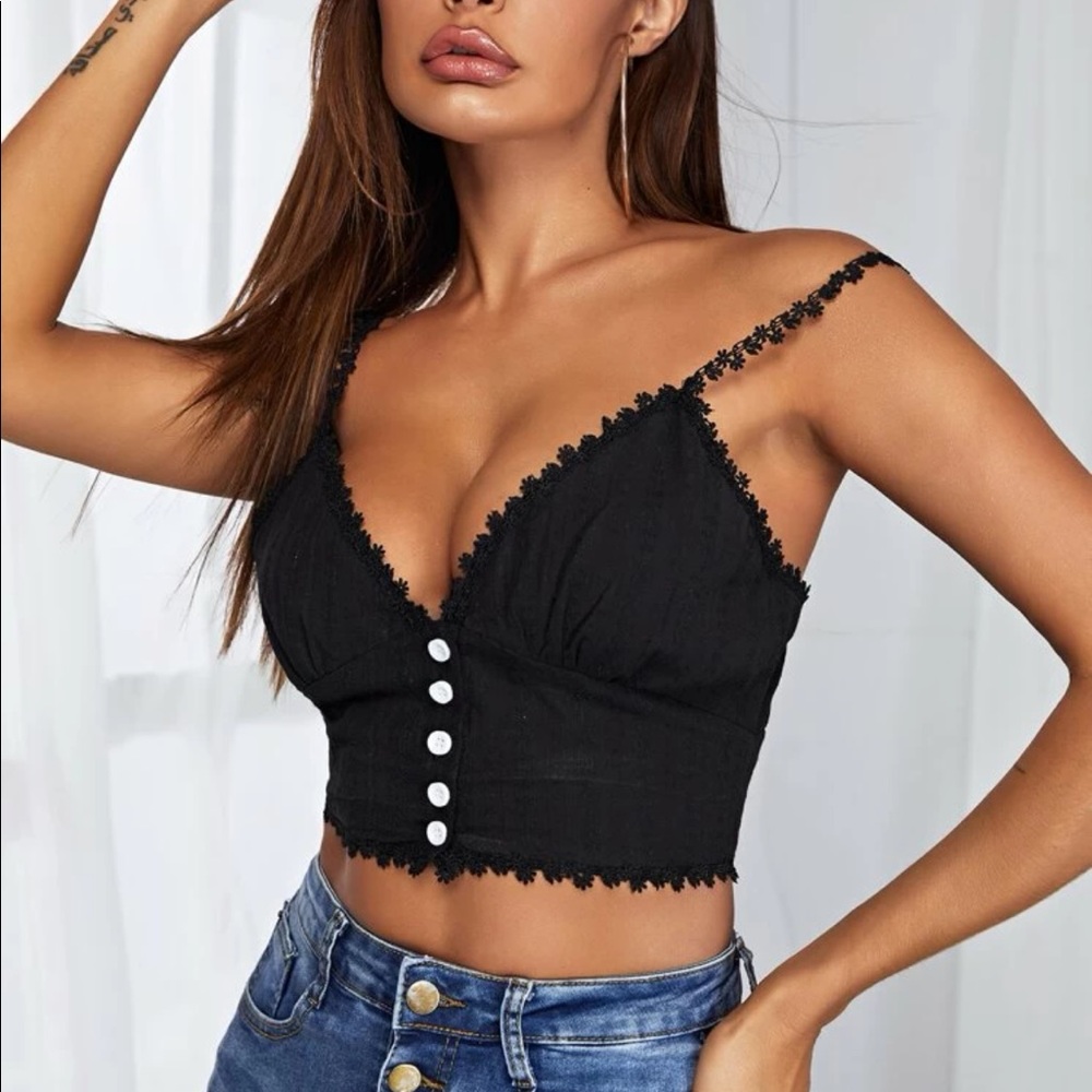 Button front lace cami top